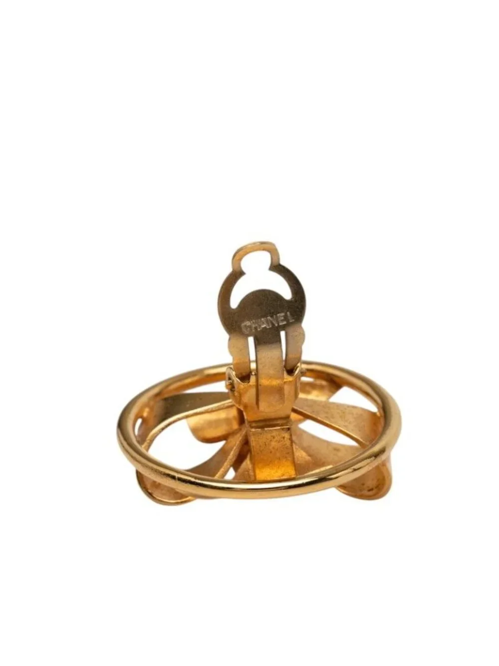 Chanel CC Logo Ribbon Round Earrings Gold Plated Faux Pearl